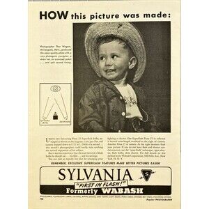 Sylvania "Exclusive Superflash Features make Better Pictures Easier" Vtg Ad 1949